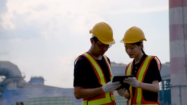 Electrical engineers discussing data analysis on tablet at factory's power plant with cooling tower water vapour, Gen Z trainee and senior manager brainstorm for problem-solving in industrial facility