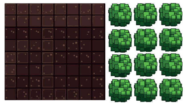 Pixel art game assets with brown dirt ground tiles and green bush sprites, retro 8-bit video game environment elements, 2D top-down garden map vector