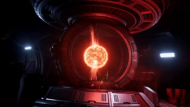 Massive starship engine core in critical overload with an angry red orange unstable star thrashing against a damaged containment field on a flashing background concept of imminent energy catastrophe