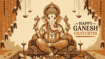 Fototapeta premium Festive Hindu Deity Seated in Ornate Altar Scene Celebrating Ganesh Chaturthi Festival With Traditional Offerings and Decorative Lights Creating a Spiritual Ambiance Rich in Culture and Devotion