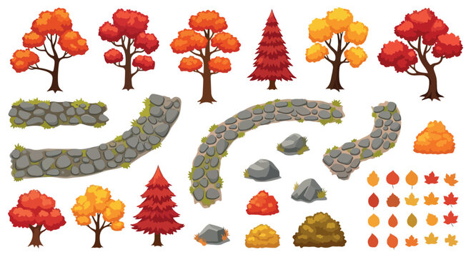 Autumn forest landscape elements set, orange and red fall trees with stone paths, cartoon garden foliage and leaf collection vector