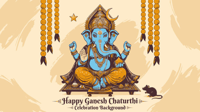 Commemorate Ganesh Chaturthi festival with this decorative divine deity sitting cross legged on a raised ornate platform surrounded by festive garlands and celestial elements offering blessings