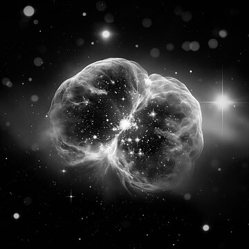 Monochrome M57 ring nebula glowing in deep space among distant stars