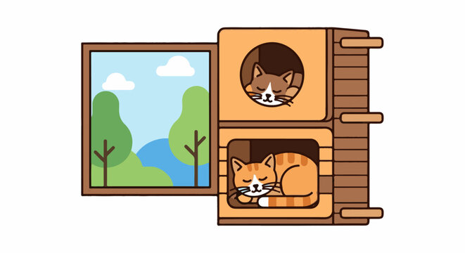 Two sleeping cats in a wooden multi-level cat tree, viewed through a window