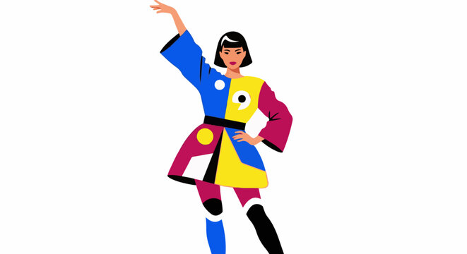Stylized woman in a colorful geometric outfit poses with one arm raised