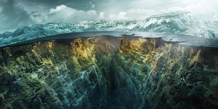 A vast, dramatic chasm splits an icy landscape under a cloudy sky. Jagged cliffs descend into darkness, conveying a sense of awe and mystery.
