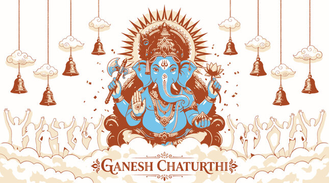 Spiritual Celebration Honoring Lord Ganesha with Festive Decorations and Devoted Figures Expressing Joyful Reverence During a Sacred Cultural Festival Event Promoting Divine Blessings and