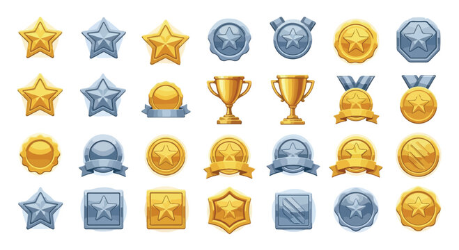 Golden and silver game achievement icons, set of 28 reward medals and trophies, cartoon style rank badges for mobile gaming interface