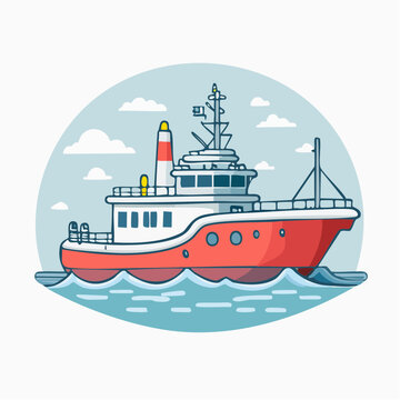 Illustration of a Red and White Tugboat Sailing on the Ocean