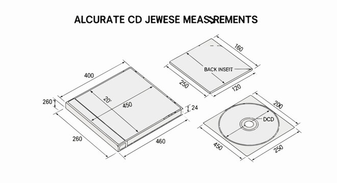 Technical drawing showing dimensions for CD jewel case components, with callouts