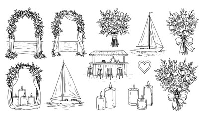 Hand drawn coastal wedding illustration bundle vector with bouquet sailboat and beach arch sketches isolated on white © Mst.Razia