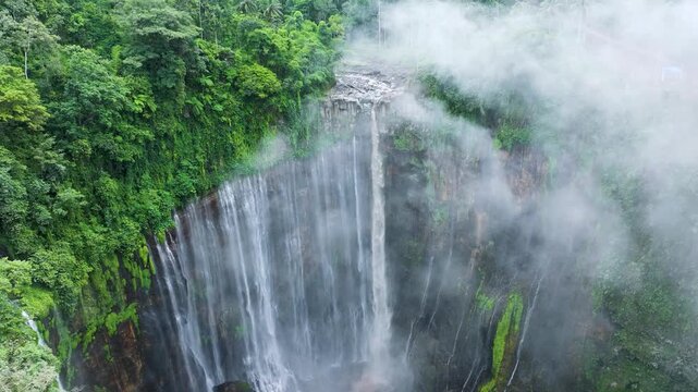 Tumpak Sewu Waterfall Epic Aerial View Over Dense Rainforest &ndash; Java Island Indonesia