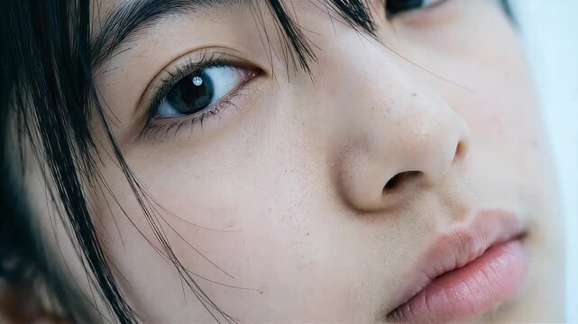 若い女性の瞳と肌の質感を捉えたクローズアップ映像