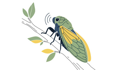 Cicada insect on branch with leaves, sound waves illustration © udin