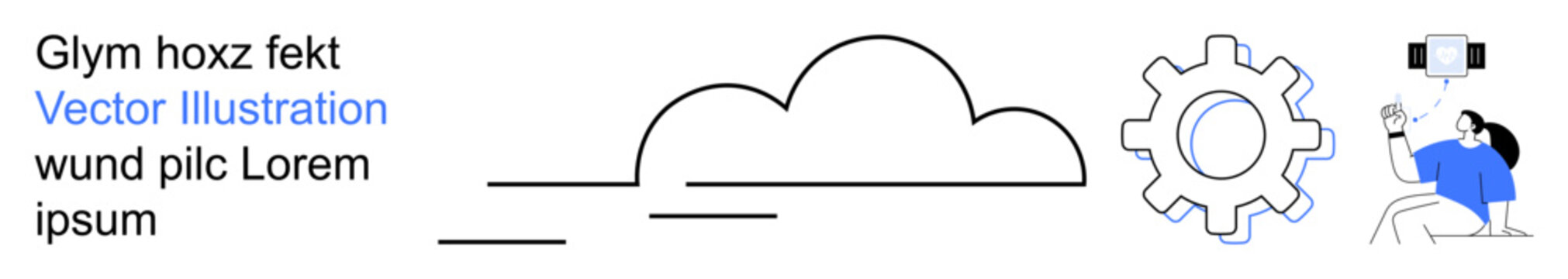 Cloud computing, digital transformation, workflow automation, tech industry, innovation, connectivity. Simplified cloud icon, gear symbol and person interacting with a screen. Cloud computing