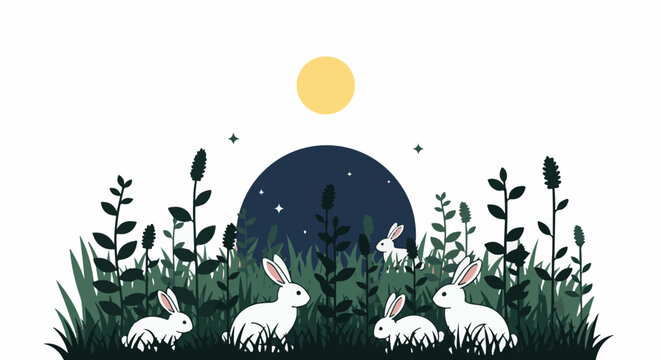 White rabbits frolic in tall grass under a large moon and yellow sun