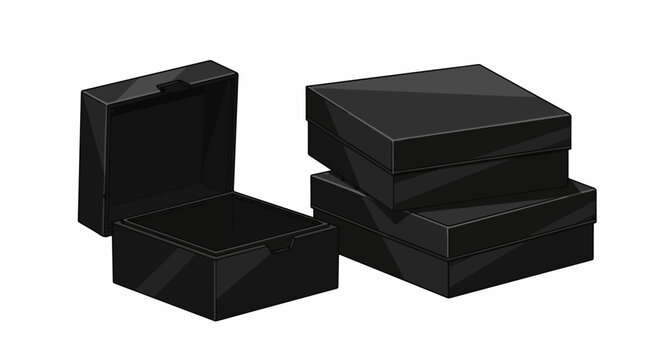 Two black boxes, one open, one stacked three high
