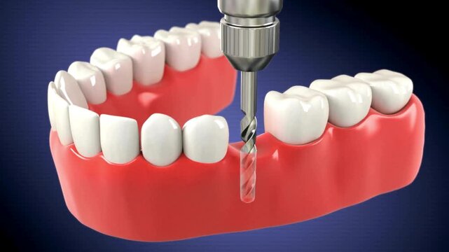 3D rendering of a dental drill preparing the jawbone for an implant placement, illustrating the surgical process of modern dentistry and tooth restoration