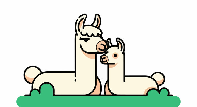 Stylized cartoon llamas, one large and one small, resting on green grass