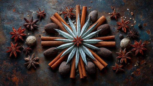 Symmetrical top view of winter spices arranged in a star pattern with star anise and cinnamon