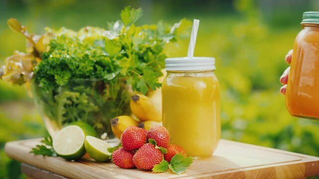 Fresh fruit and vegetable smoothies placed on wooden board outdoors with green foliage background dynamic motion capture serving delicious healthy drinks.