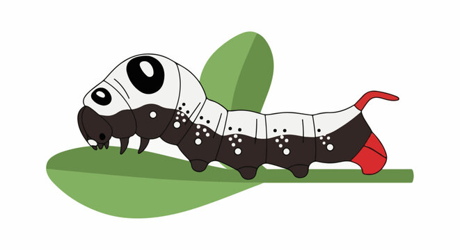 Stylized caterpillar with black eyes, white and dark body, red tail, on green leaf