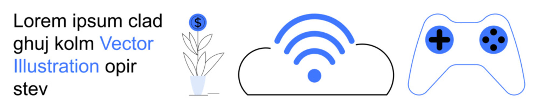 Cloud storage, gaming entertainment, wireless technology, financial investment, innovation, remote connectivity. Elements include a cloud with a wireless signal, game controller, and plant with coin