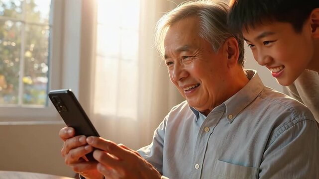 Learning Together - Grandfather Mastering Smartphone with Grandson's Support
