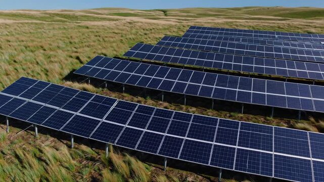 Lowangle solar panels in grassland showing closeup rows, midday sunlight reflecting on modules, groundmounted frames, rural renewable energy installation, pragmatic industrial atmosphere