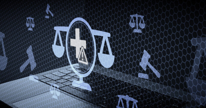 Conceptual image representing healthcare law and medical malpractice featuring legal scales with a medical cross and warning sign hovering over a laptop keyboard
