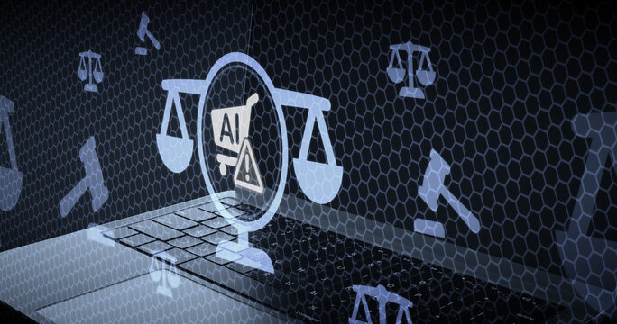 Artificial Intelligence shopping alert and legal warning signs on a laptop computer background representing digital consumer protection and cyber regulations in e-commerce