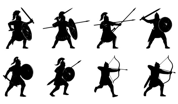 Ancient medieval soldier silhouettes vector warrior battle pose set