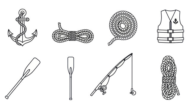 Nautical Equipment Icons: Anchor, Rope, Life Vest, Oars, Fishing Rod