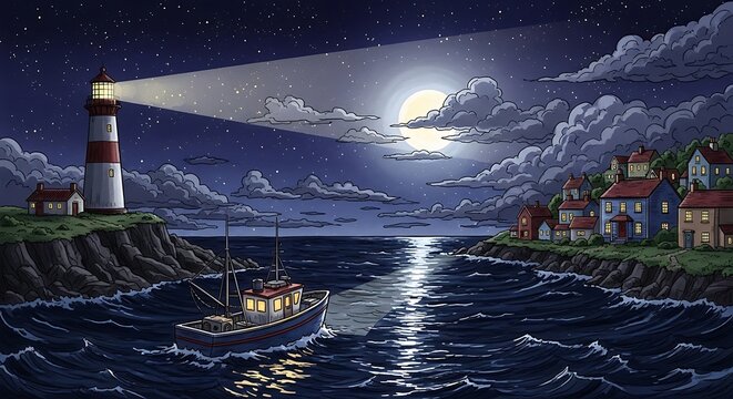 Coastal lighthouse illuminating dark waters with boat under moonlit sky