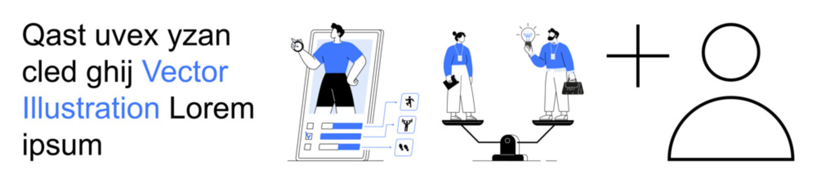 User profiling, digital identity, equality, data management, decision-making, diversity. Features user profile screens, person weighing scales and abstract icons. Digital identity and equality theme