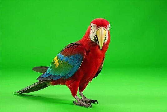 Vibrant Red Macaw Parrot Walking and Looking Around on Chroma Key Green Screen
