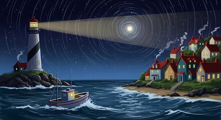 Obraz premium Coastal lighthouse illuminating night sky with boat and village illustration