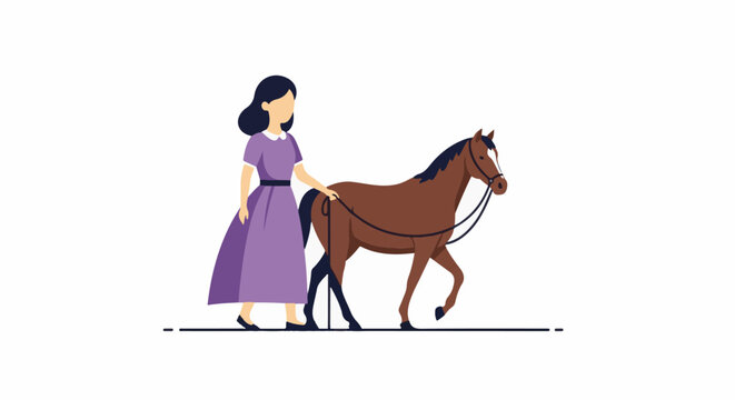 Woman in a long purple dress walks a brown horse with a bridle