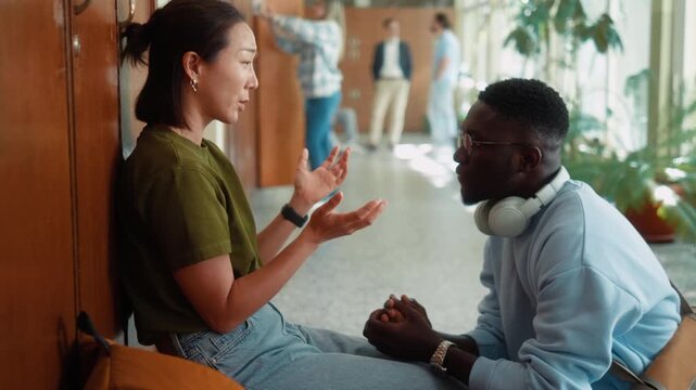 Stressed Korean female student upset over failed exam or bad grades receives emotional support from African classmate in university hallway.