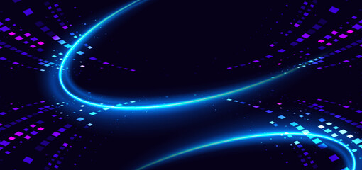 Fototapeta premium Futuristic glowing blue curve ray with square pattern on dark blue background.