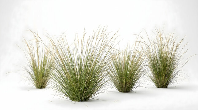 Several bunches of tall meadow grass are arranged across a plain white background. The green blades reach upward with delicate seeds.