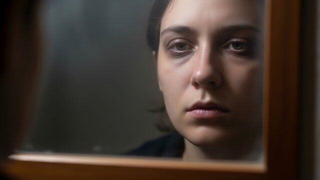 Woman looking through old wooden framed mirror.