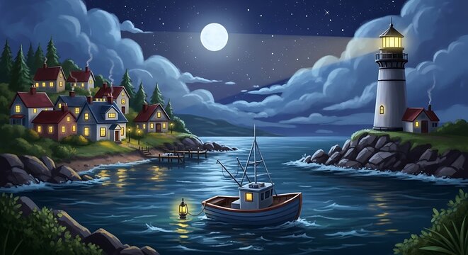 Coastal night scene lighthouse and fishing boat under moonlight