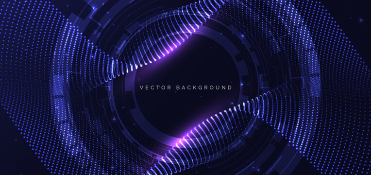 Futuristic technology hi tech dark blue gear element on dark dark background and wave particle glowing.