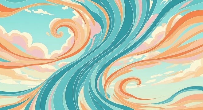 Abstract swirling wind pattern with pastel clouds and flowing lines.