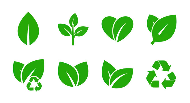 Green Leaf Icons: Nature, Ecology, Recycling, Organic Symbols