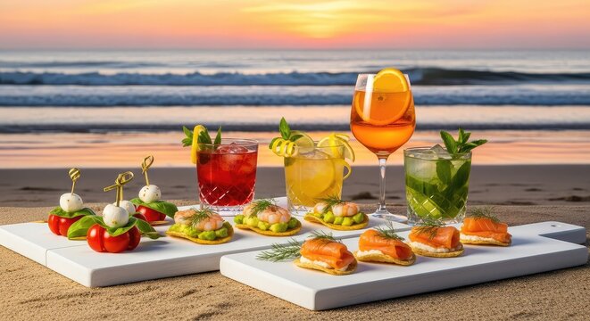 Appetizers and cocktails served on white wooden boards at the beach during a bright summer sunset with sand and ocean waves in background, sun, ice, wood