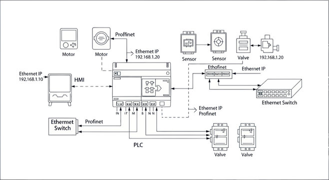 Industrial Automation System Diagram: PLC, HMI, Sensors, Valves, and Network