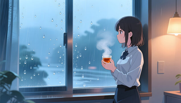 Workplace decompression rainy day leaning by the window drinking tea and watching the rain