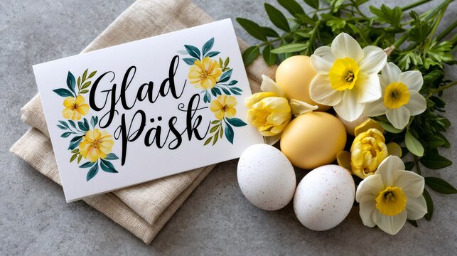 Glad P&aring;sk greeting card with spring Easter eggs and daffodils